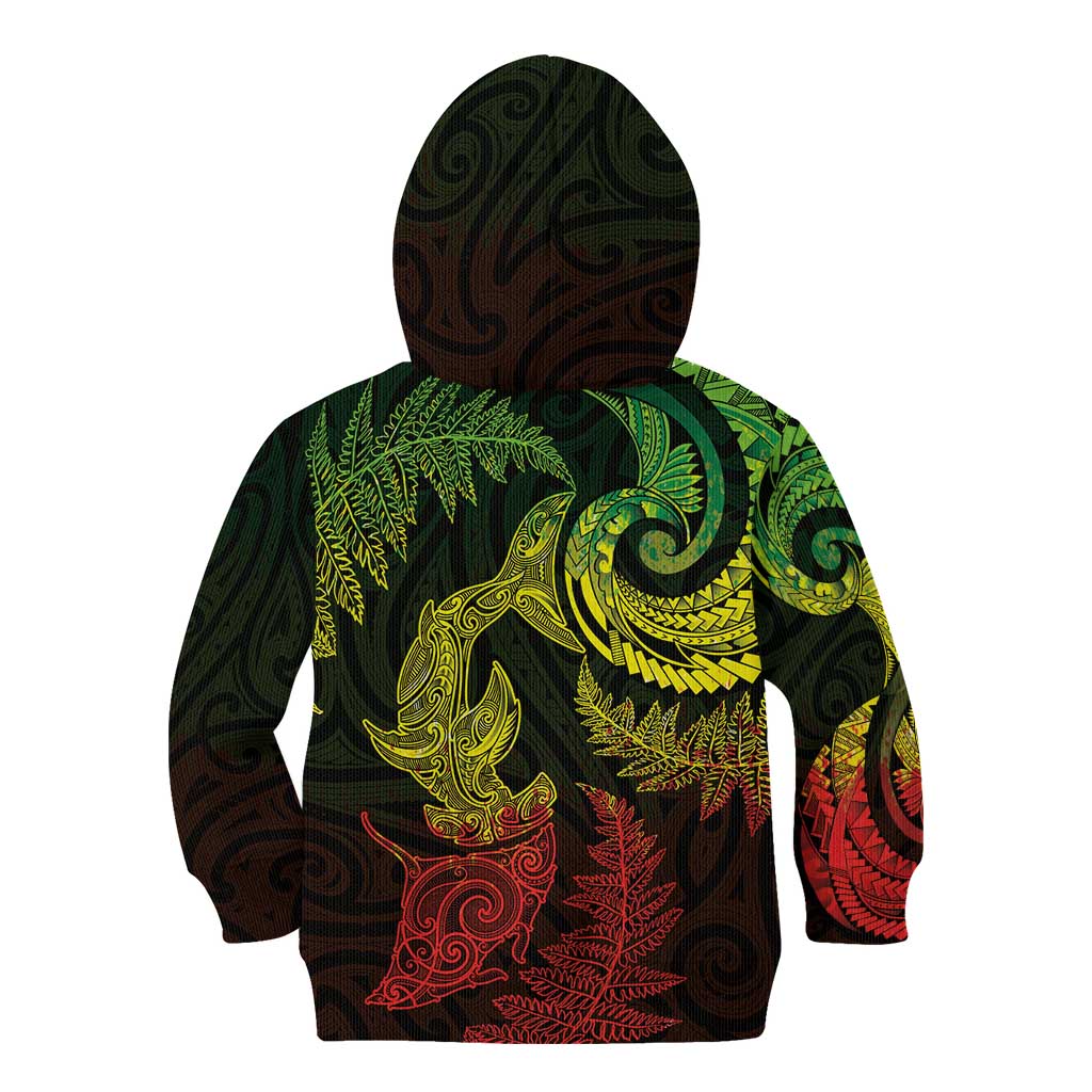 New Zealand Sea Animals with Maori Tribal Tattoo Kid Hoodie Shark Manta Ray with Silver Fern Reggae LT03 - Polynesian Pride