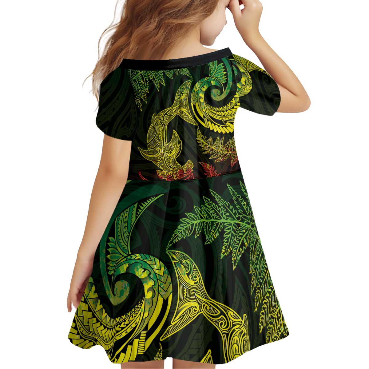 New Zealand Sea Animals with Maori Tribal Tattoo Kid Short Sleeve Dress Shark Manta Ray with Silver Fern Reggae LT03 - Polynesian Pride