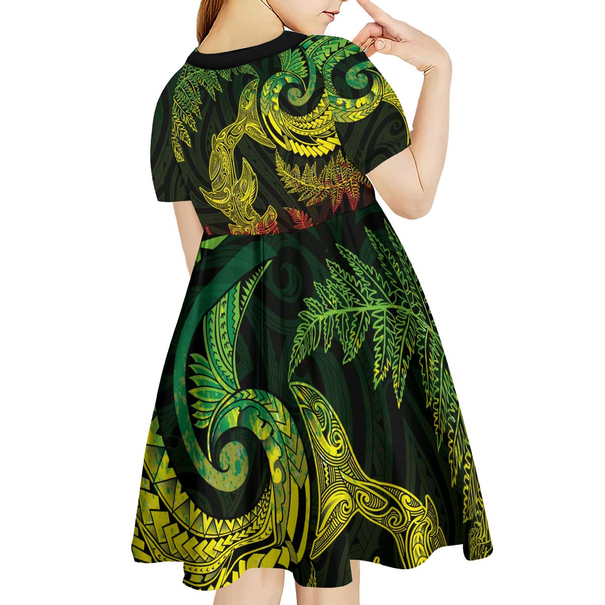 New Zealand Sea Animals with Maori Tribal Tattoo Kid Short Sleeve Dress Shark Manta Ray with Silver Fern Reggae LT03 - Polynesian Pride