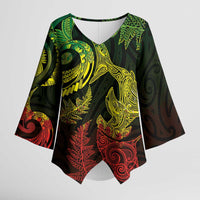 New Zealand Sea Animals with Maori Tribal Tattoo Kimono Sleeve Blouse Shark Manta Ray with Silver Fern Reggae LT03 Female Reggae - Polynesian Pride