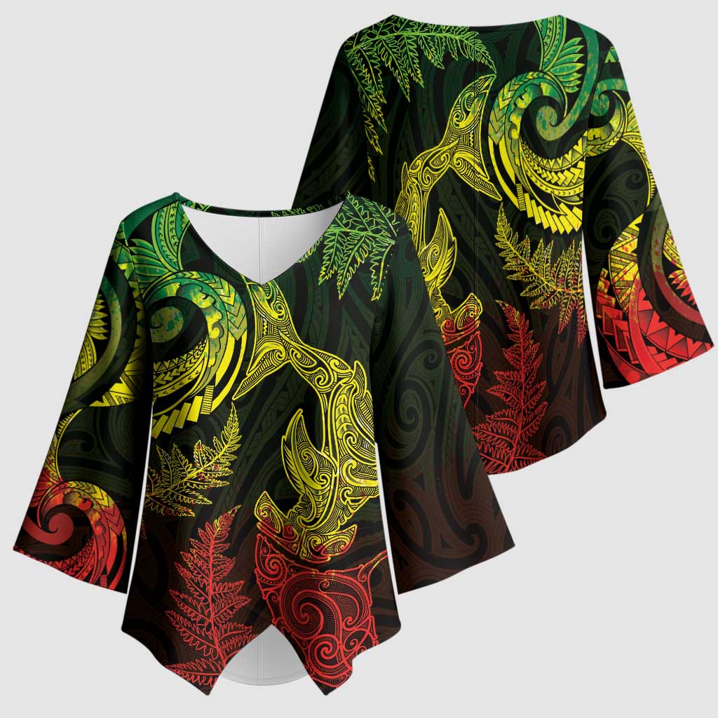 New Zealand Sea Animals with Maori Tribal Tattoo Kimono Sleeve Blouse Shark Manta Ray with Silver Fern Reggae LT03 - Polynesian Pride
