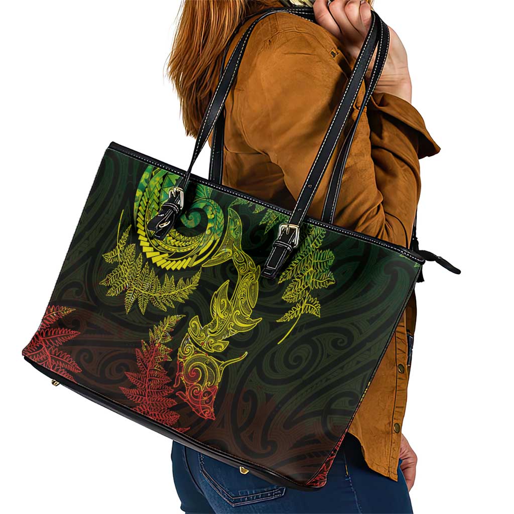 New Zealand Sea Animals with Maori Tribal Tattoo Leather Tote Bag Shark Manta Ray with Silver Fern Reggae LT03 - Polynesian Pride