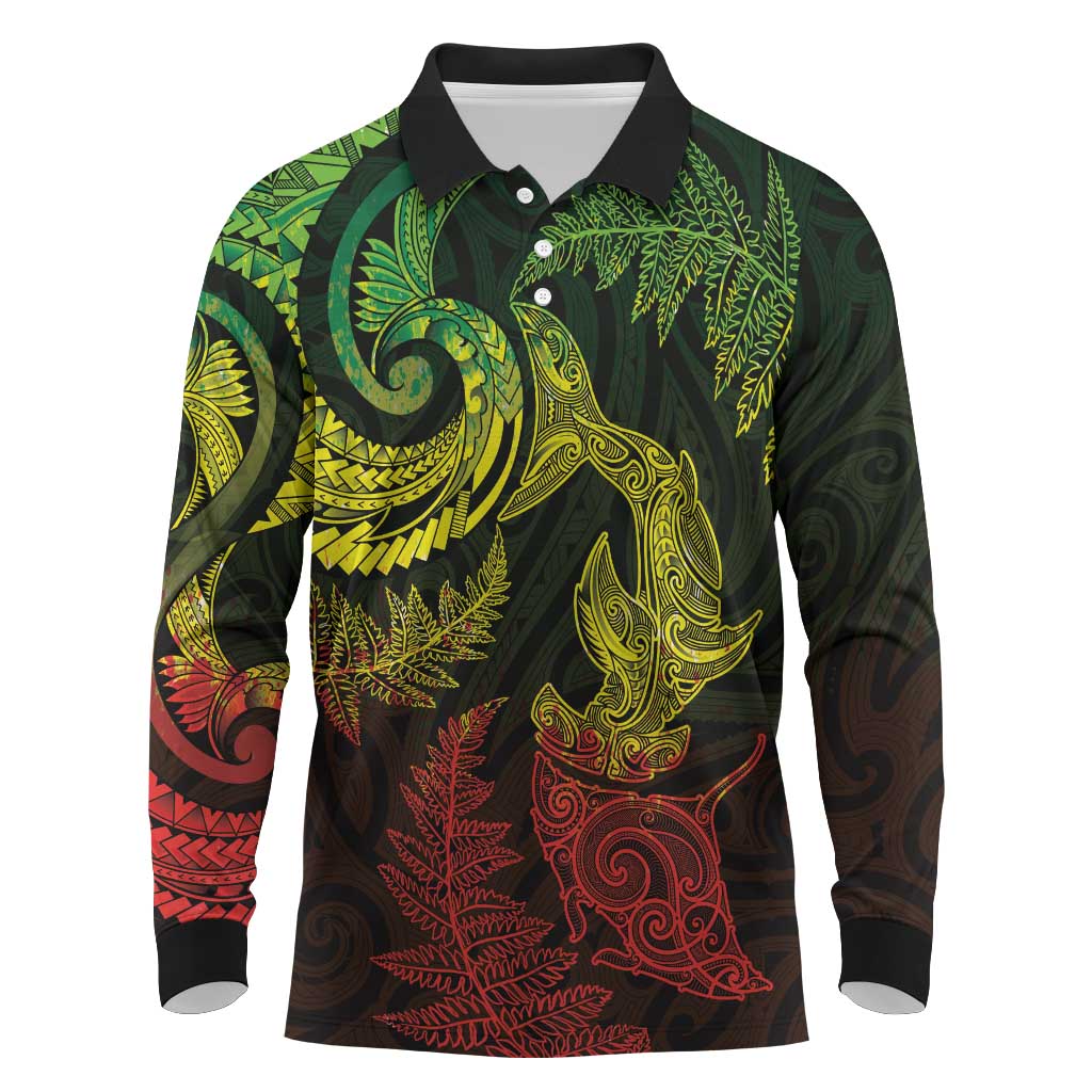 New Zealand Sea Animals with Maori Tribal Tattoo Long Sleeve Polo Shirt Shark Manta Ray with Silver Fern Reggae LT03 Reggae - Polynesian Pride