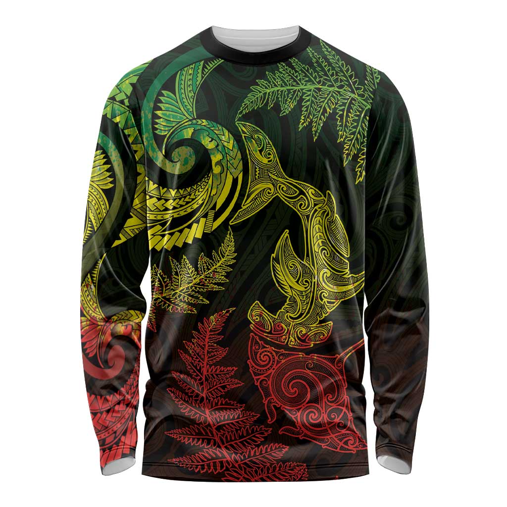 New Zealand Sea Animals with Maori Tribal Tattoo Long Sleeve Shirt Shark Manta Ray with Silver Fern Reggae LT03 Unisex Reggae - Polynesian Pride