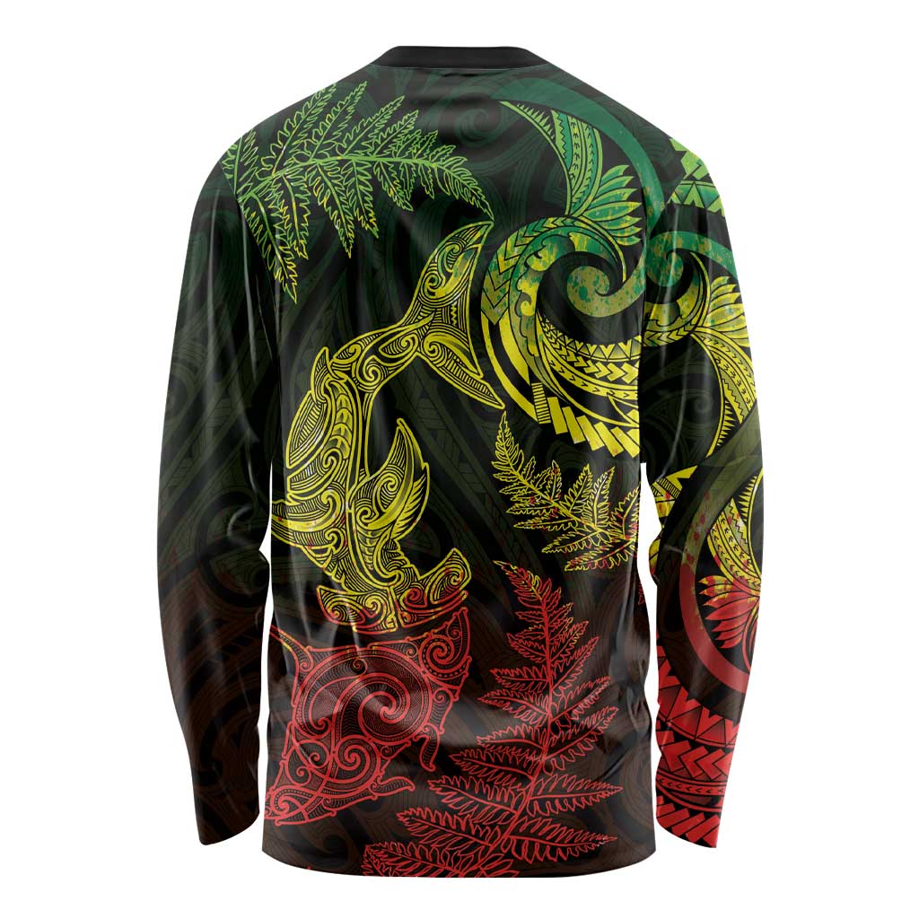 New Zealand Sea Animals with Maori Tribal Tattoo Long Sleeve Shirt Shark Manta Ray with Silver Fern Reggae LT03 - Polynesian Pride