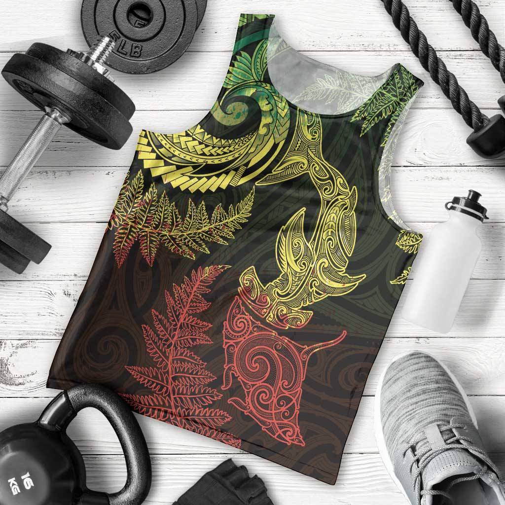 New Zealand Sea Animals with Maori Tribal Tattoo Men Tank Top Shark Manta Ray with Silver Fern Reggae LT03 - Polynesian Pride