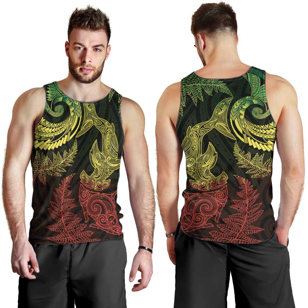 New Zealand Sea Animals with Maori Tribal Tattoo Men Tank Top Shark Manta Ray with Silver Fern Reggae LT03 - Polynesian Pride