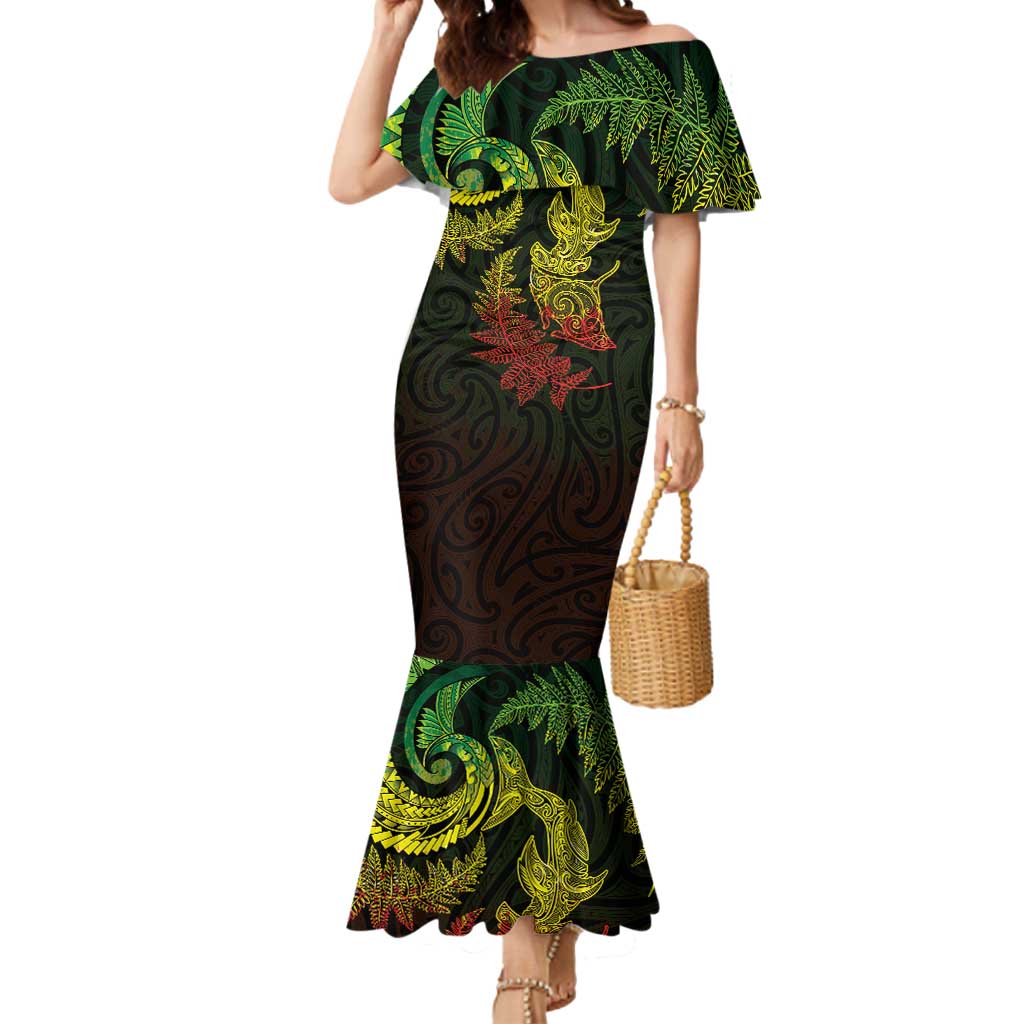 New Zealand Sea Animals with Maori Tribal Tattoo Mermaid Dress Shark Manta Ray with Silver Fern Reggae