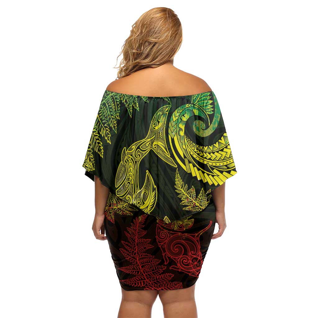 New Zealand Sea Animals with Maori Tribal Tattoo Off Shoulder Short Dress Shark Manta Ray with Silver Fern Reggae LT03 - Polynesian Pride