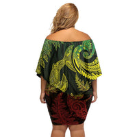 New Zealand Sea Animals with Maori Tribal Tattoo Off Shoulder Short Dress Shark Manta Ray with Silver Fern Reggae LT03 - Polynesian Pride