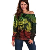 New Zealand Sea Animals with Maori Tribal Tattoo Off Shoulder Sweater Shark Manta Ray with Silver Fern Reggae LT03 Women Reggae - Polynesian Pride