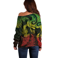 New Zealand Sea Animals with Maori Tribal Tattoo Off Shoulder Sweater Shark Manta Ray with Silver Fern Reggae LT03 - Polynesian Pride