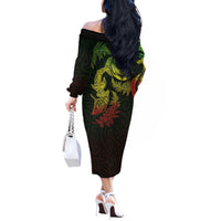 New Zealand Sea Animals with Maori Tribal Tattoo Off The Shoulder Long Sleeve Dress Shark Manta Ray with Silver Fern Reggae LT03 - Polynesian Pride