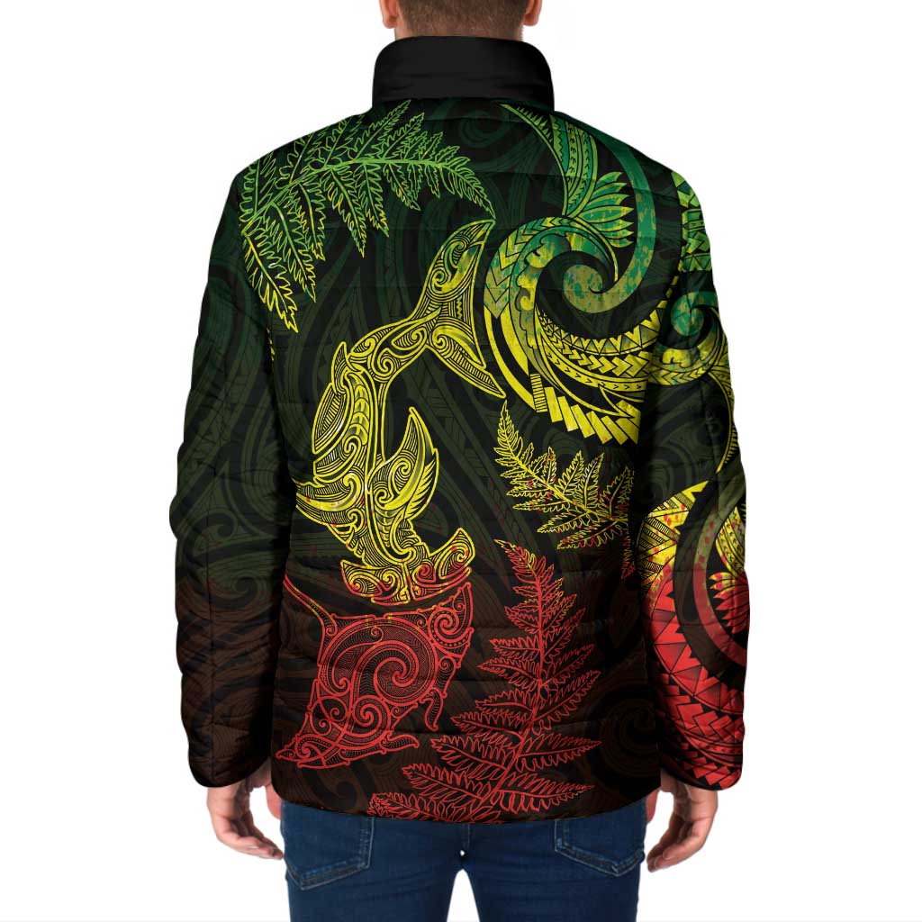 New Zealand Sea Animals with Maori Tribal Tattoo Padded Jacket Shark Manta Ray with Silver Fern Reggae LT03 - Polynesian Pride