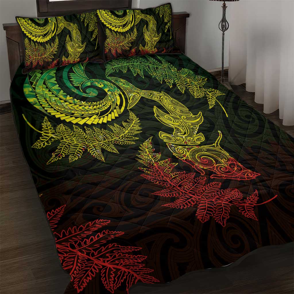 New Zealand Sea Animals with Maori Tribal Tattoo Quilt Bed Set Shark Manta Ray with Silver Fern Reggae LT03 Reggae - Polynesian Pride