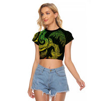 New Zealand Sea Animals with Maori Tribal Tattoo Raglan Cropped T Shirt Shark Manta Ray with Silver Fern Reggae LT03 Female Reggae - Polynesian Pride