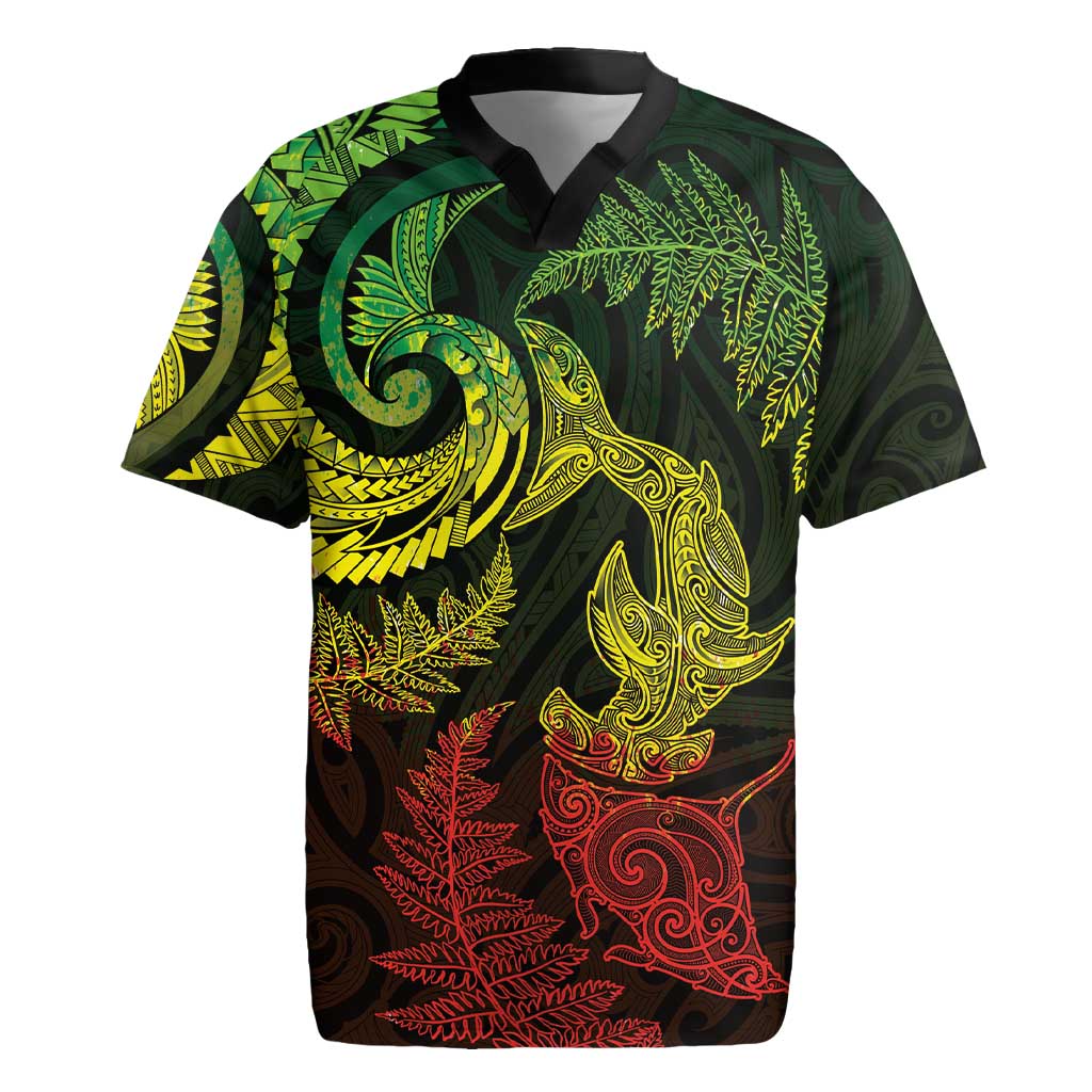 New Zealand Sea Animals with Maori Tribal Tattoo Rugby Jersey Shark Manta Ray with Silver Fern Reggae LT03 Reggae - Polynesian Pride