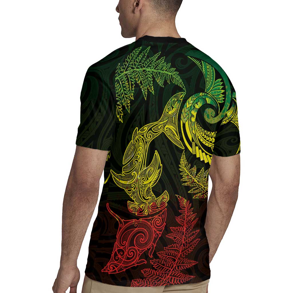 New Zealand Sea Animals with Maori Tribal Tattoo Rugby Jersey Shark Manta Ray with Silver Fern Reggae LT03 - Polynesian Pride