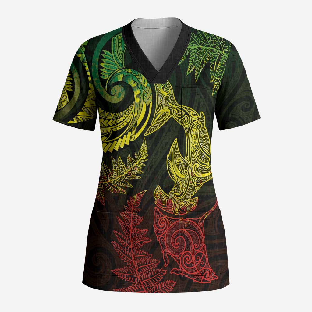 New Zealand Sea Animals with Maori Tribal Tattoo Scrub Top Shark Manta Ray with Silver Fern Reggae LT03 Adult Reggae - Polynesian Pride