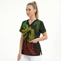 New Zealand Sea Animals with Maori Tribal Tattoo Scrub Top Shark Manta Ray with Silver Fern Reggae LT03 - Polynesian Pride