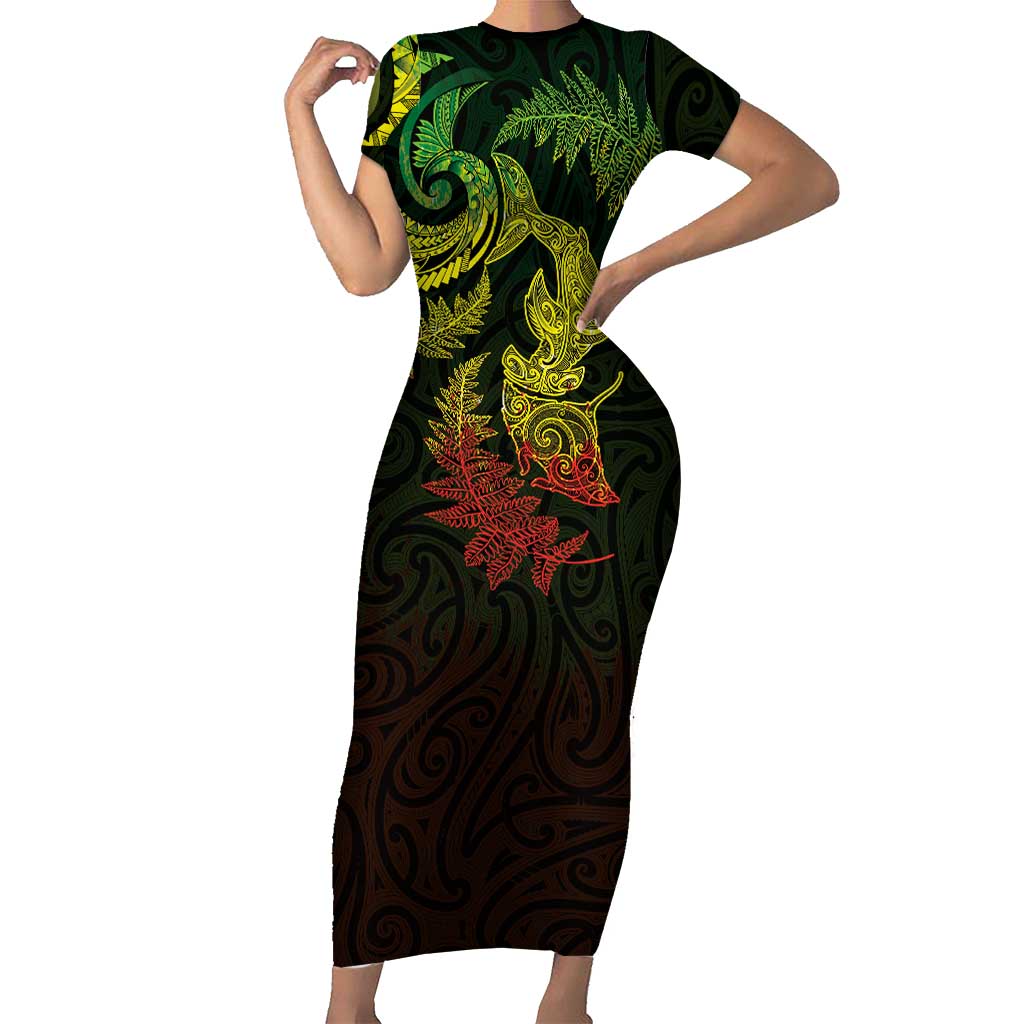 New Zealand Sea Animals with Maori Tribal Tattoo Short Sleeve Bodycon Dress Shark Manta Ray with Silver Fern Reggae LT03 Long Dress Reggae - Polynesian Pride