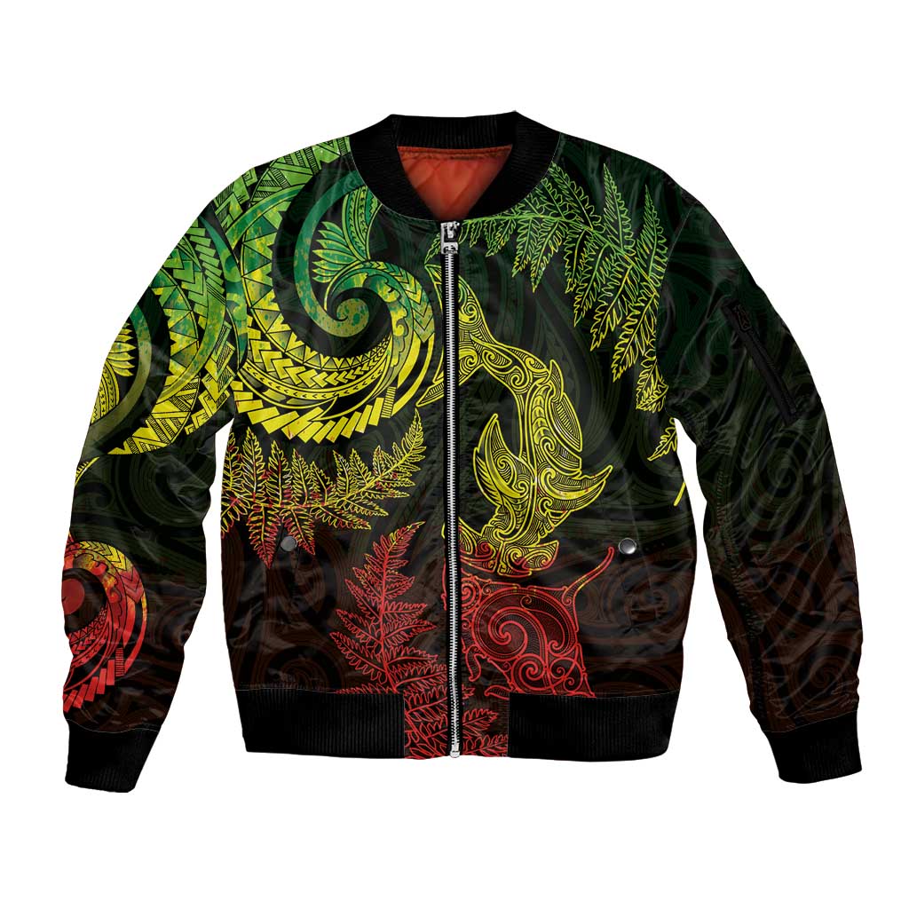 New Zealand Sea Animals with Maori Tribal Tattoo Sleeve Zip Bomber Jacket Shark Manta Ray with Silver Fern Reggae LT03 Unisex Reggae - Polynesian Pride