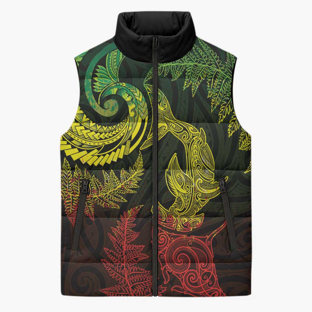 New Zealand Sea Animals with Maori Tribal Tattoo Sleeveless Puffer Jacket Shark Manta Ray with Silver Fern Reggae LT03 Unisex Reggae - Polynesian Pride
