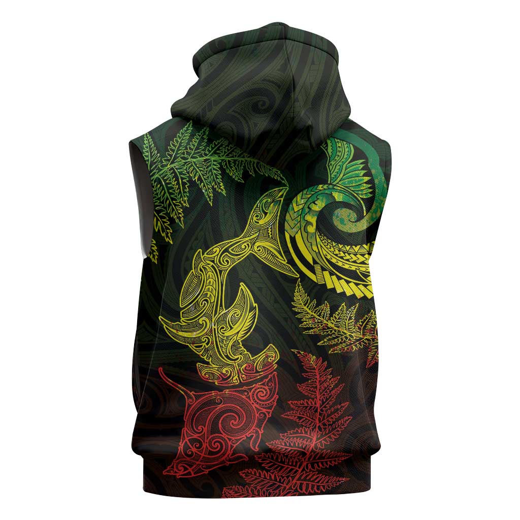 New Zealand Sea Animals with Maori Tribal Tattoo Sleeveless Zip Hoodie Shark Manta Ray with Silver Fern Reggae LT03 - Polynesian Pride