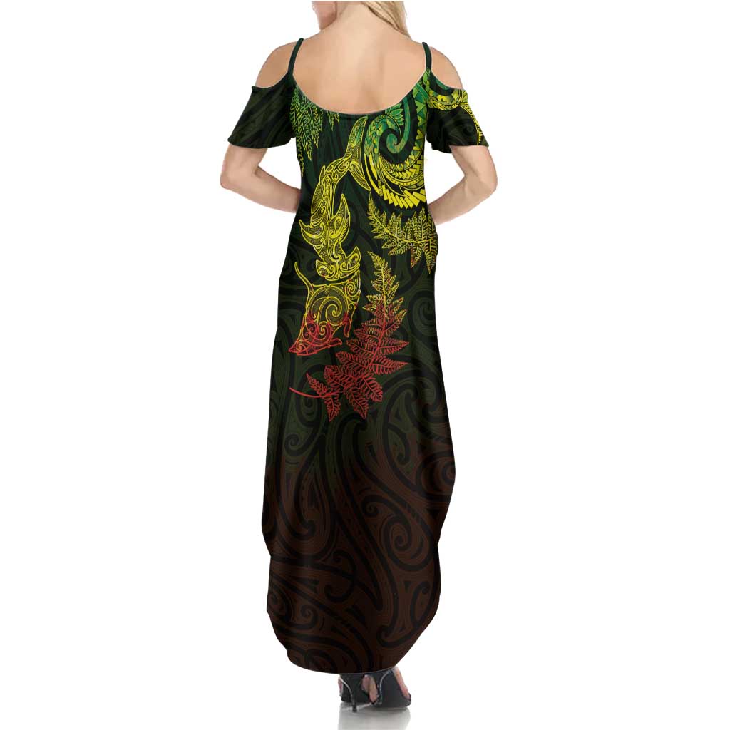 New Zealand Sea Animals with Maori Tribal Tattoo Summer Maxi Dress Shark Manta Ray with Silver Fern Reggae LT03 - Polynesian Pride