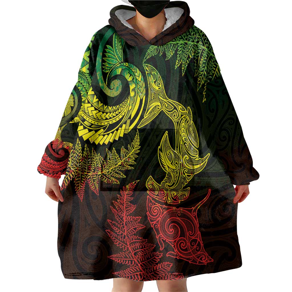 New Zealand Sea Animals with Maori Tribal Tattoo Wearable Blanket Hoodie Shark Manta Ray with Silver Fern Reggae LT03 - Polynesian Pride