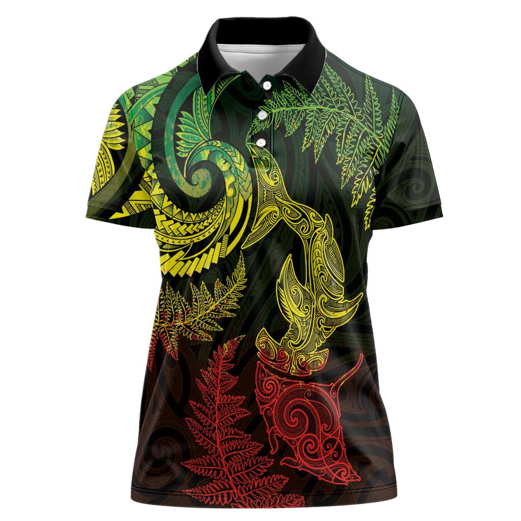 New Zealand Sea Animals with Maori Tribal Tattoo Women Polo Shirt Shark Manta Ray with Silver Fern Reggae LT03 Female Reggae - Polynesian Pride