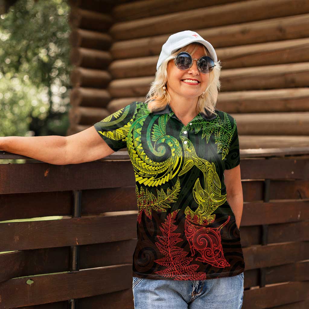 New Zealand Sea Animals with Maori Tribal Tattoo Women Polo Shirt Shark Manta Ray with Silver Fern Reggae LT03 - Polynesian Pride
