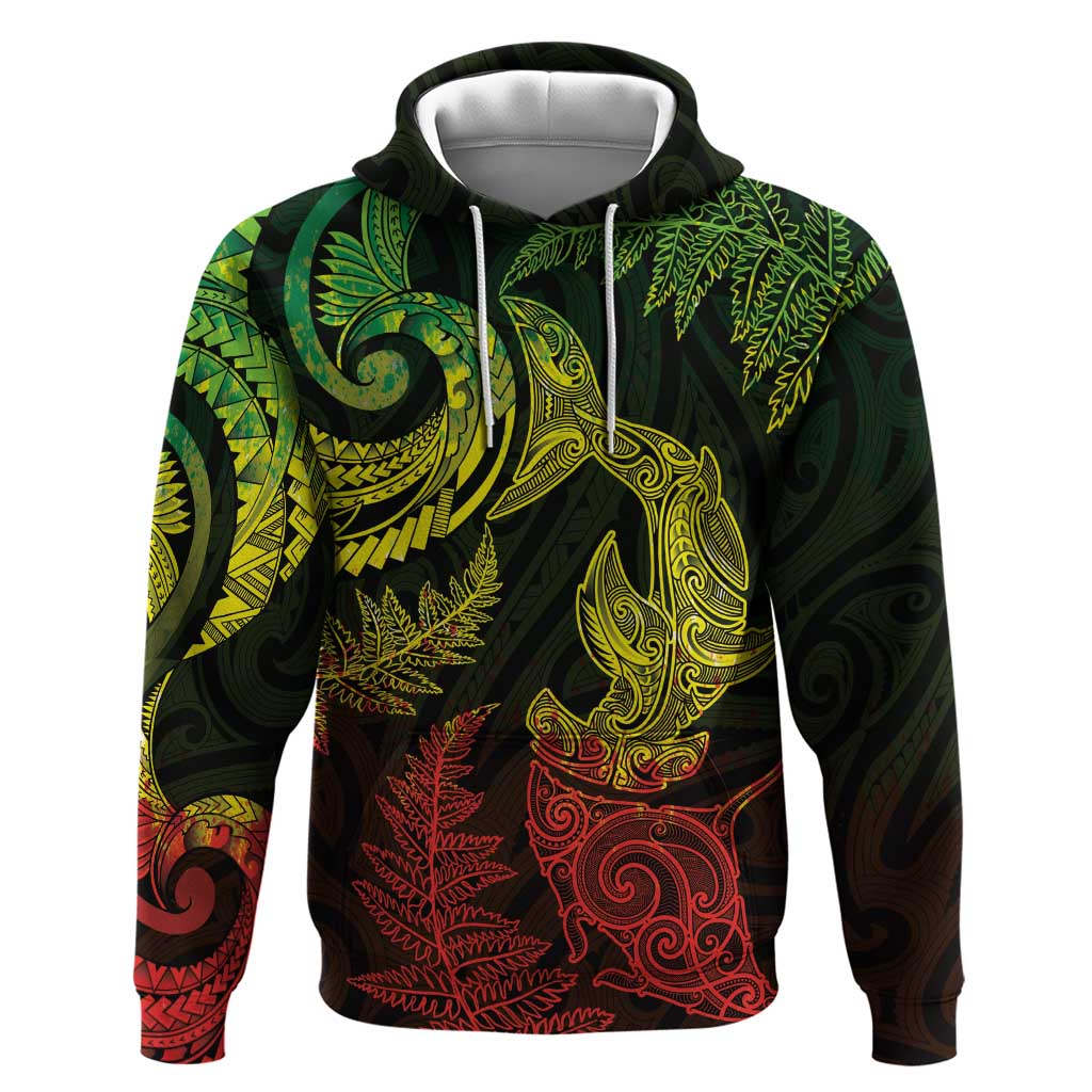 New Zealand Sea Animals with Maori Tribal Tattoo Zip Hoodie Shark Manta Ray with Silver Fern Reggae LT03 Pullover Hoodie Reggae - Polynesian Pride
