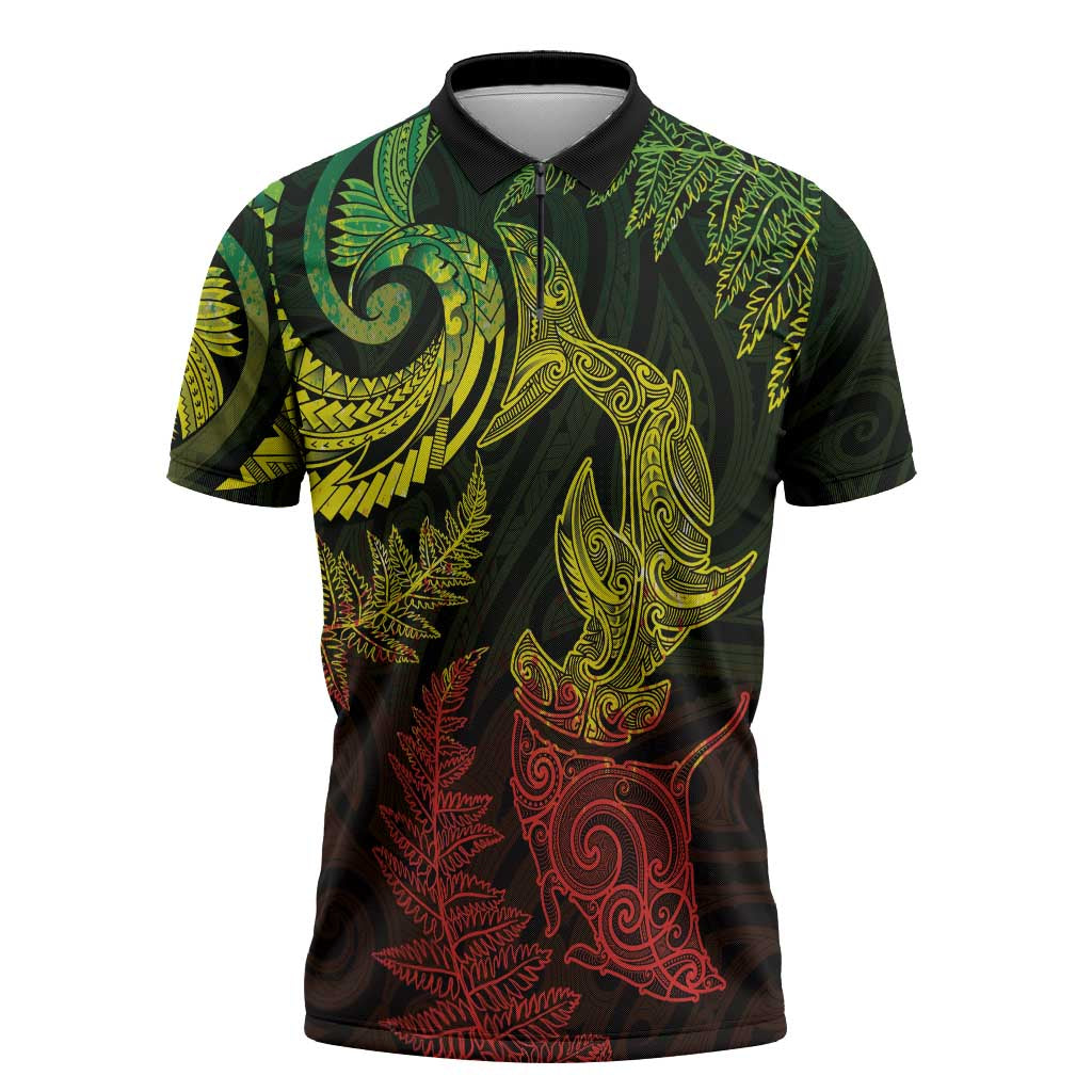 New Zealand Sea Animals with Maori Tribal Tattoo Zipper Polo Shirt Shark Manta Ray with Silver Fern Reggae LT03 Reggae - Polynesian Pride