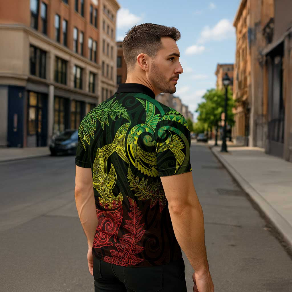 New Zealand Sea Animals with Maori Tribal Tattoo Zipper Polo Shirt Shark Manta Ray with Silver Fern Reggae LT03 - Polynesian Pride
