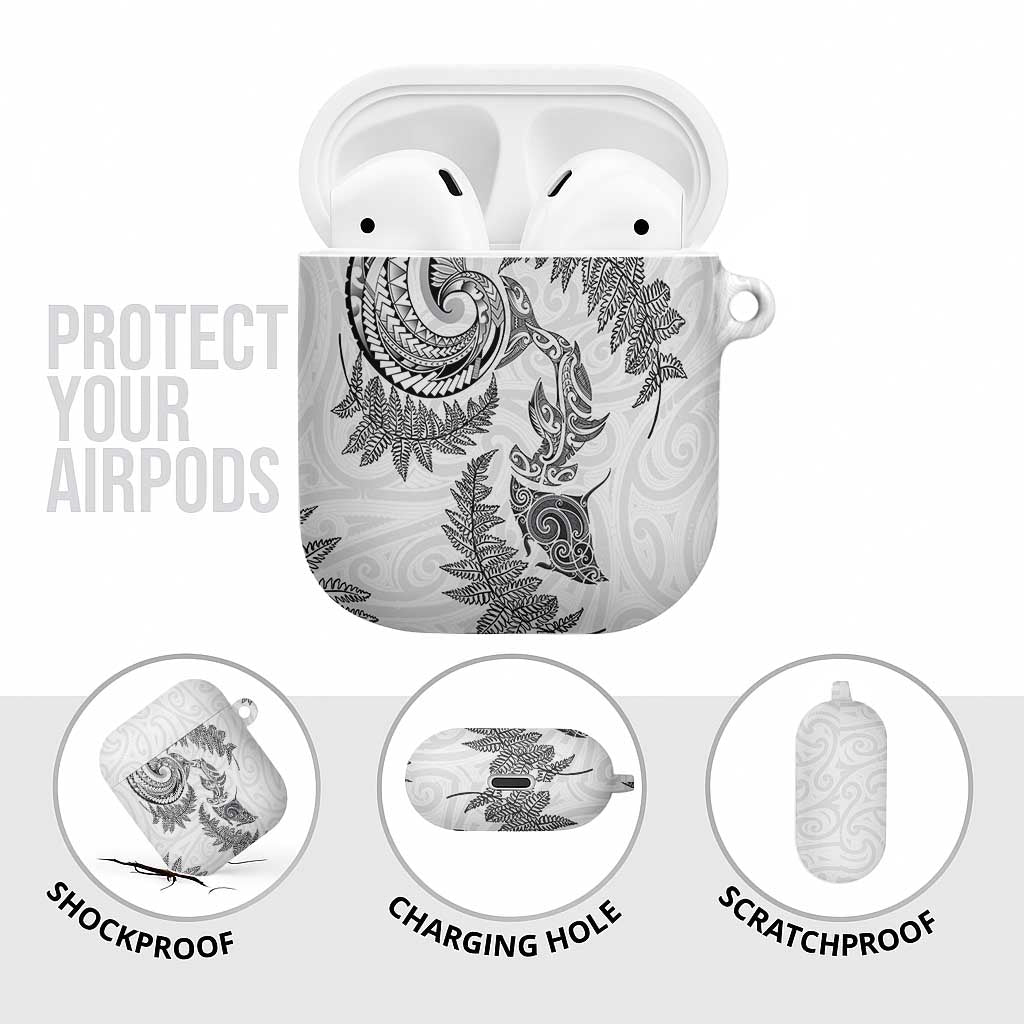 New Zealand Sea Animals with Maori Tribal Tattoo AirPods Case Shark Manta Ray with Silver Fern White LT03 - Polynesian Pride