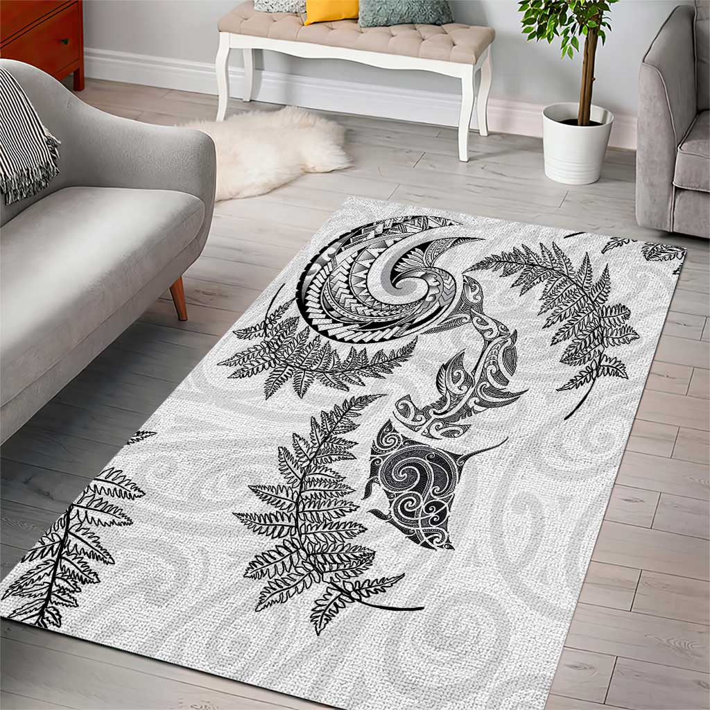 New Zealand Sea Animals with Maori Tribal Tattoo Area Rug Shark Manta Ray with Silver Fern White LT03 - Polynesian Pride