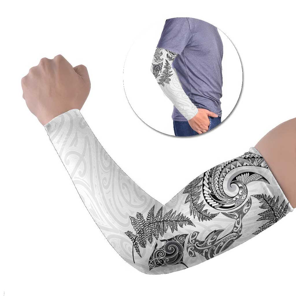 New Zealand Sea Animals with Maori Tribal Tattoo Arm Sleeves Shark Manta Ray with Silver Fern White