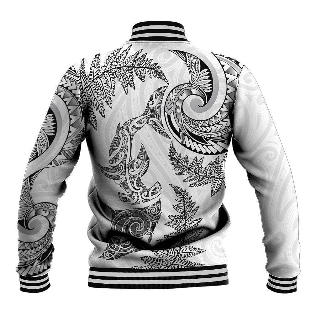 New Zealand Sea Animals with Maori Tribal Tattoo Baseball Jacket Shark Manta Ray with Silver Fern White LT03 - Polynesian Pride