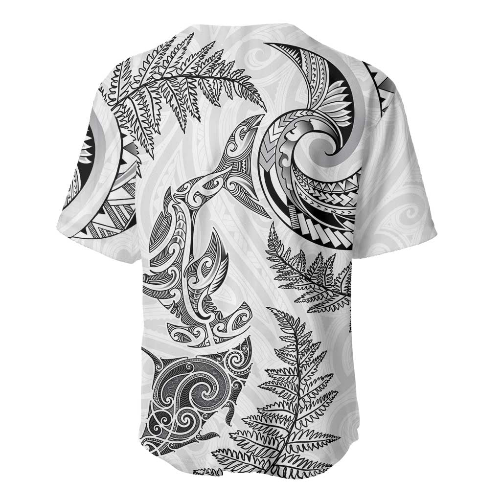 New Zealand Sea Animals with Maori Tribal Tattoo Baseball Jersey Shark Manta Ray with Silver Fern White LT03 - Polynesian Pride