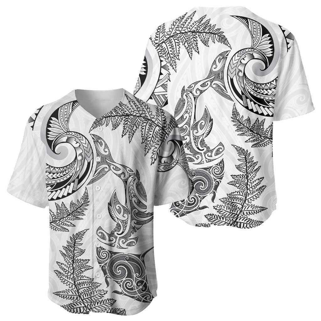 New Zealand Sea Animals with Maori Tribal Tattoo Baseball Jersey Shark Manta Ray with Silver Fern White LT03 - Polynesian Pride