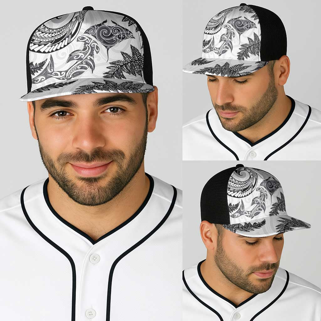New Zealand Sea Animals with Maori Tribal Tattoo Baseball Net Cap Shark Manta Ray with Silver Fern White LT03 - Polynesian Pride