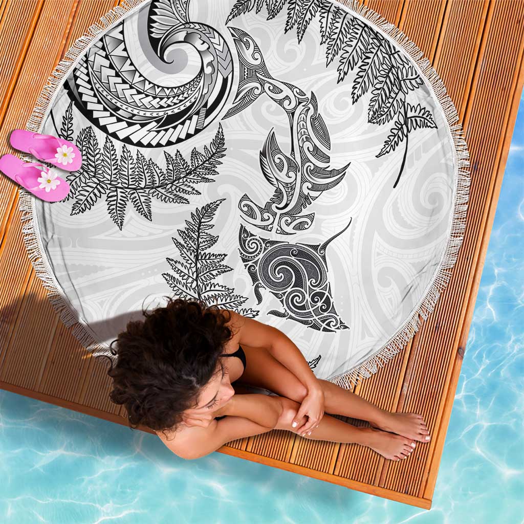 New Zealand Sea Animals with Maori Tribal Tattoo Beach Blanket Shark Manta Ray with Silver Fern White LT03 - Polynesian Pride