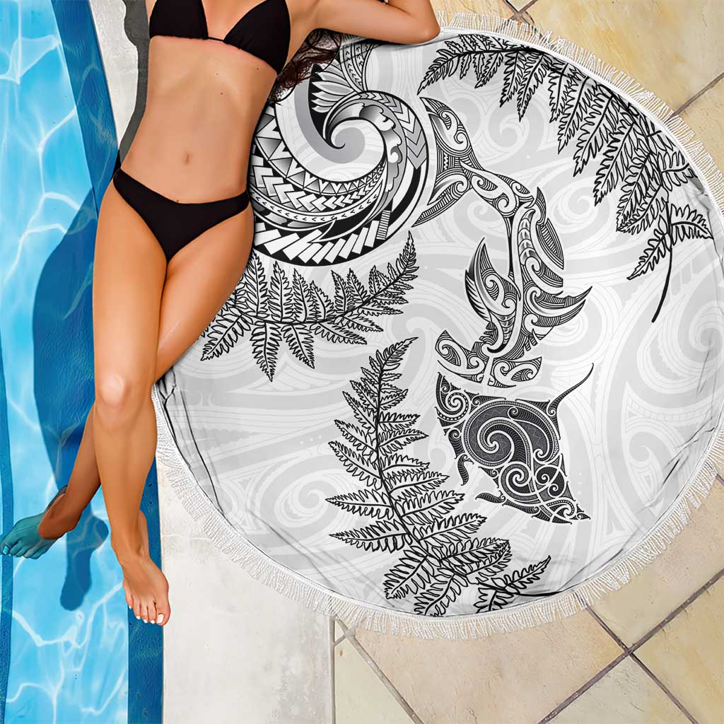 New Zealand Sea Animals with Maori Tribal Tattoo Beach Blanket Shark Manta Ray with Silver Fern White LT03 - Polynesian Pride