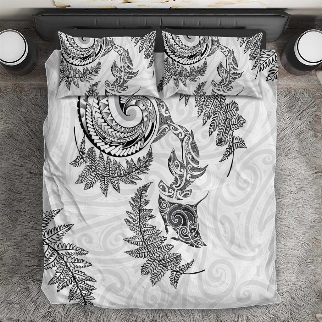 New Zealand Sea Animals with Maori Tribal Tattoo Bedding Set Shark Manta Ray with Silver Fern White LT03 White - Polynesian Pride