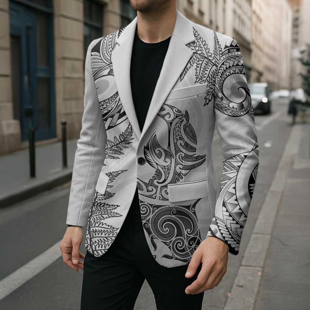 New Zealand Sea Animals with Maori Tribal Tattoo Blazer Shark Manta Ray with Silver Fern White LT03 - Polynesian Pride