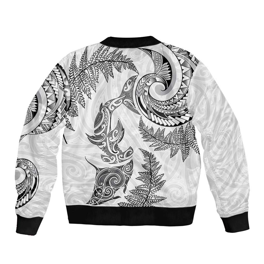 New Zealand Sea Animals with Maori Tribal Tattoo Bomber Jacket Shark Manta Ray with Silver Fern White LT03 - Polynesian Pride