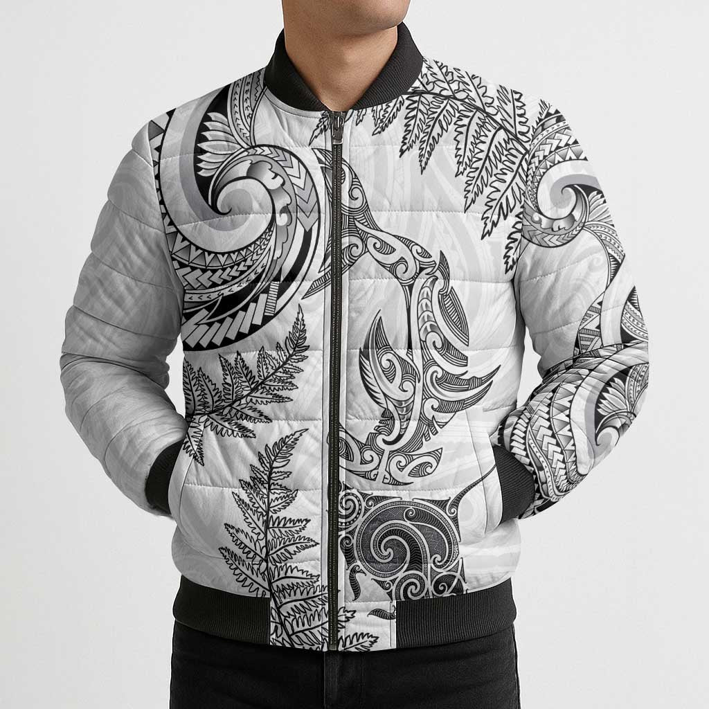 New Zealand Sea Animals with Maori Tribal Tattoo Bomber Puffer Jacket Shark Manta Ray with Silver Fern White LT03 - Polynesian Pride