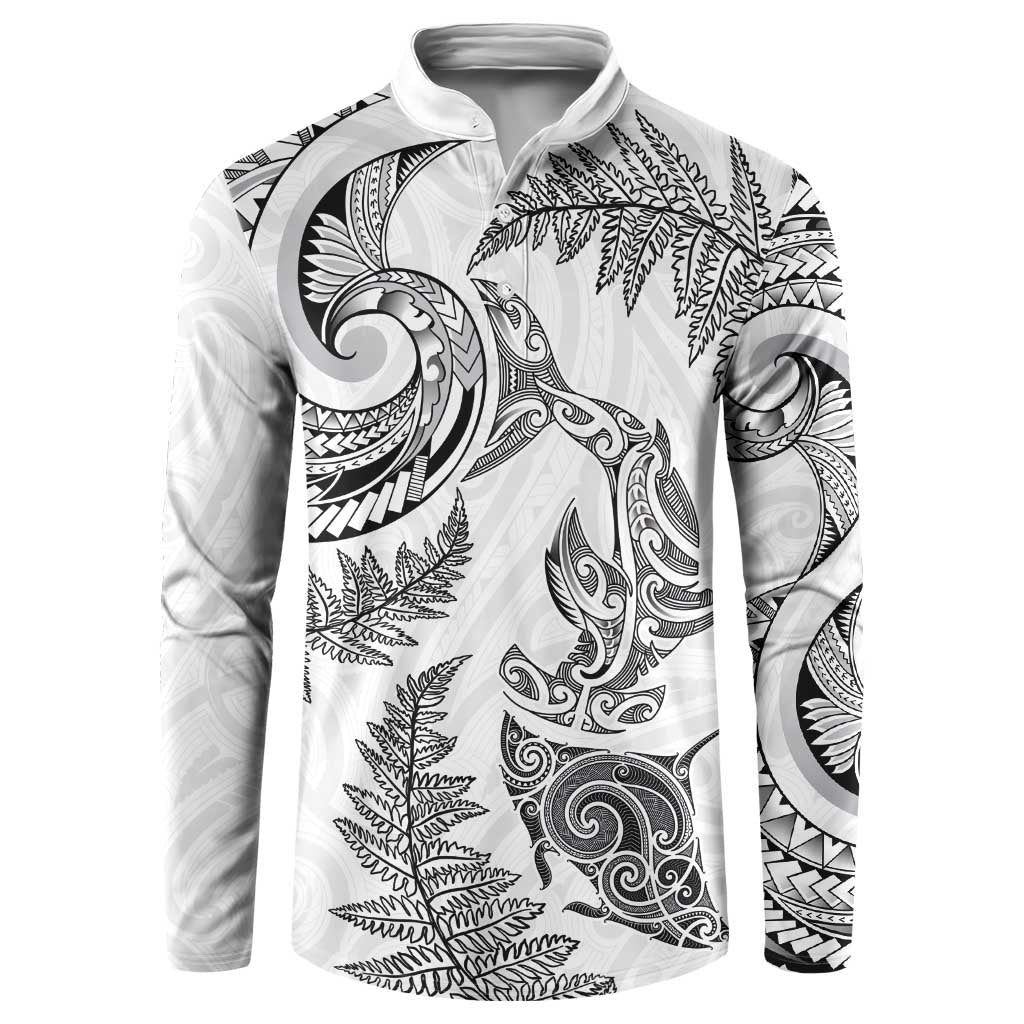 New Zealand Sea Animals with Maori Tribal Tattoo Button Sweatshirt Shark Manta Ray with Silver Fern White