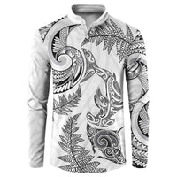 New Zealand Sea Animals with Maori Tribal Tattoo Button Sweatshirt Shark Manta Ray with Silver Fern White LT03 White - Polynesian Pride
